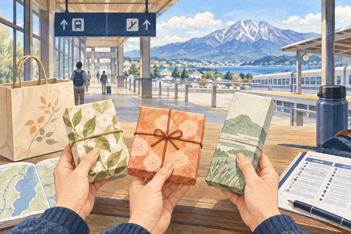 米原駅で乗換時間と手土産を比較する編集イメージ